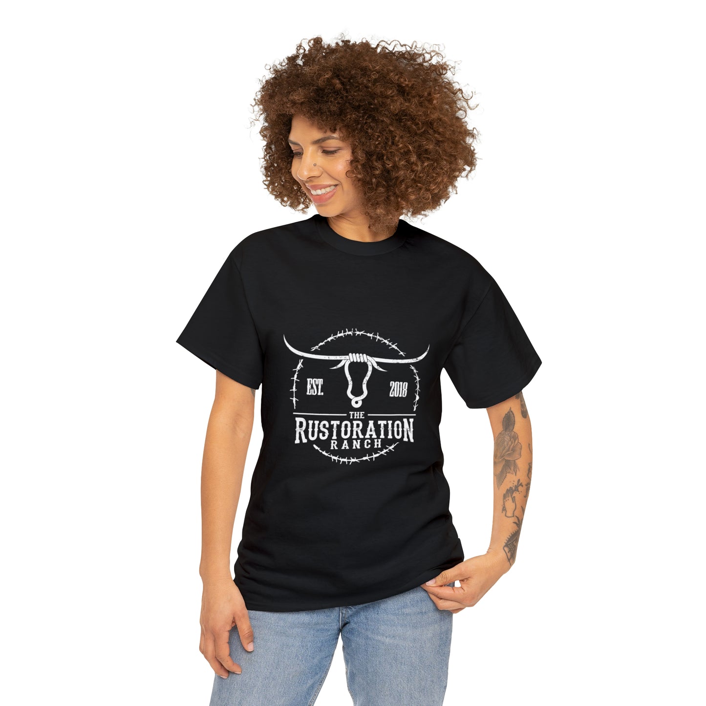 Rustoration Ranch Logo. Black Unisex Heavy Cotton Tee