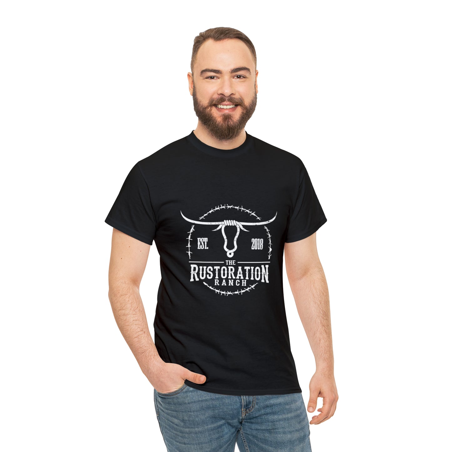 Rustoration Ranch Logo. Black Unisex Heavy Cotton Tee