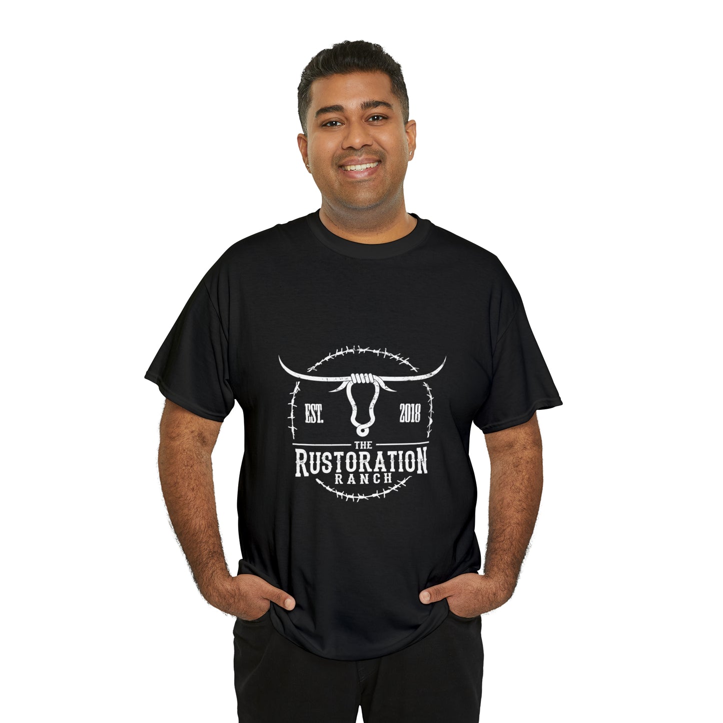 Rustoration Ranch Logo. Black Unisex Heavy Cotton Tee