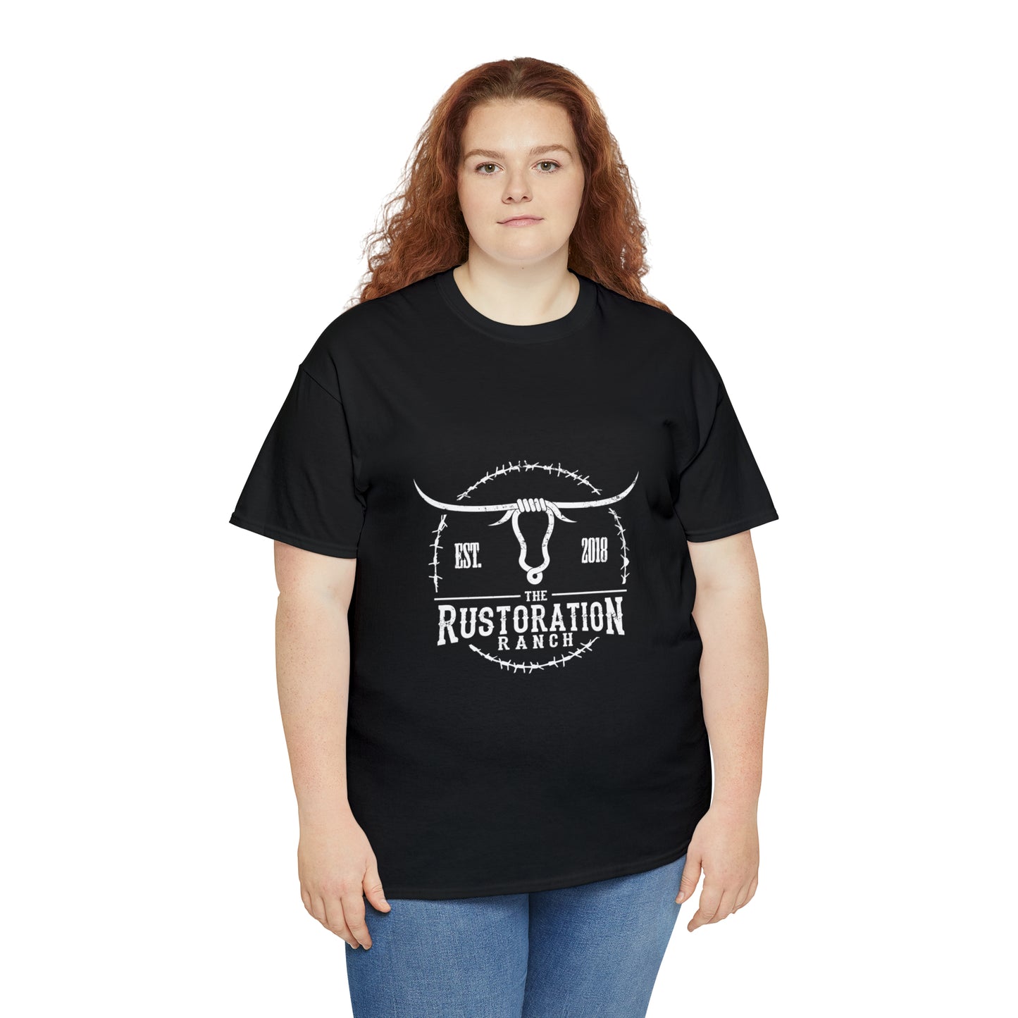 Rustoration Ranch Logo. Black Unisex Heavy Cotton Tee