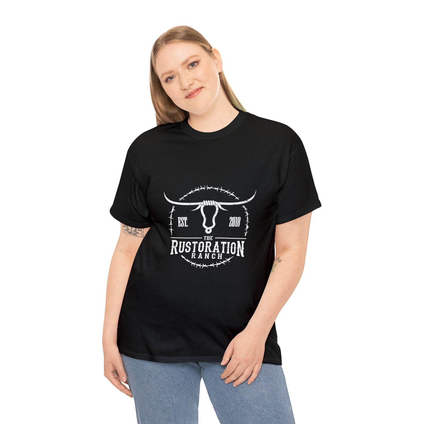 Rustoration Ranch Logo. Black Unisex Heavy Cotton Tee